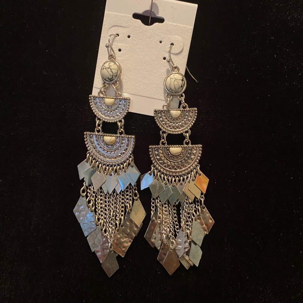 Boho Silver Chandelier Fringe Earrings Geometric Statement Dangle New 4"